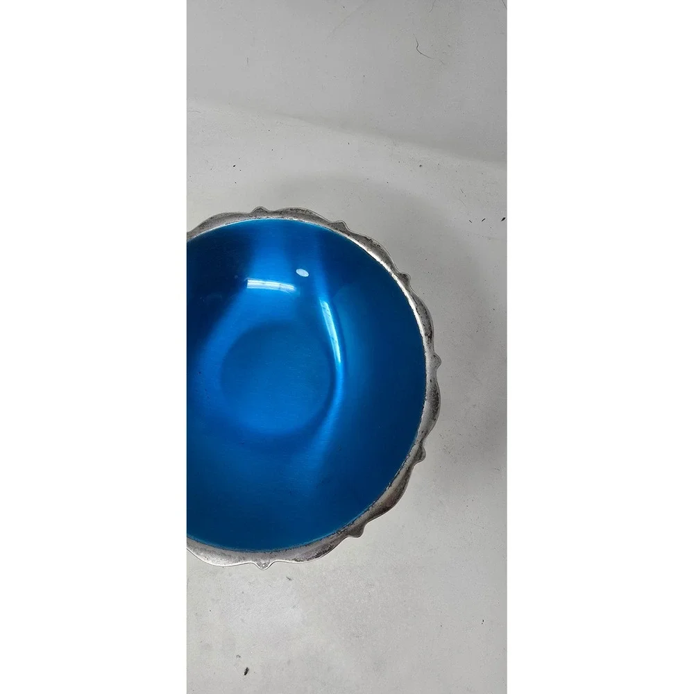 Vtg Wm. A. Rogers mid century silver plate blue enamel compote candy dish bowl